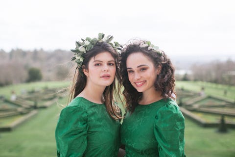 Green, Photograph, Beauty, Fun, Headpiece, Friendship, Smile, Hairstyle, Grass, Fashion, 