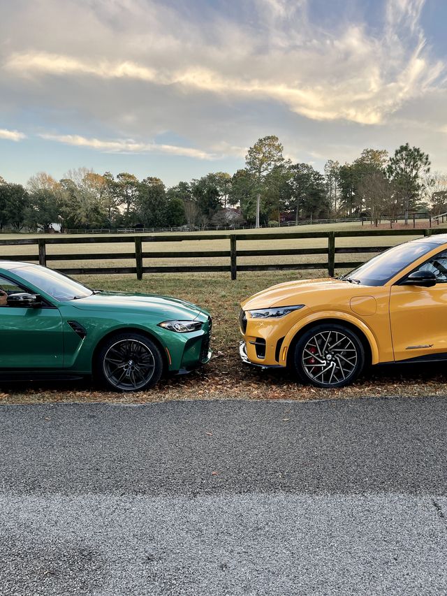 2022 bmw m4 competition nose to nose with 2021 ford mustang mach e gt