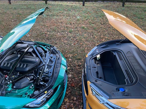 mustang mach e and bmw m4 nose to nose with hoods open