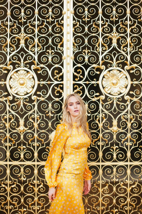 Yellow, Pattern, Textile, Interior design, Pattern, Formal wear, Metal, Art, 