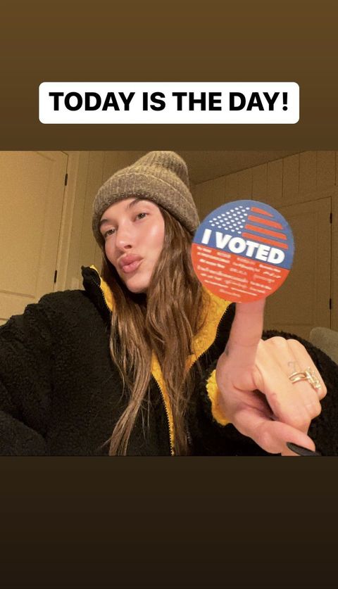 hailey beiber with her i voted sticker