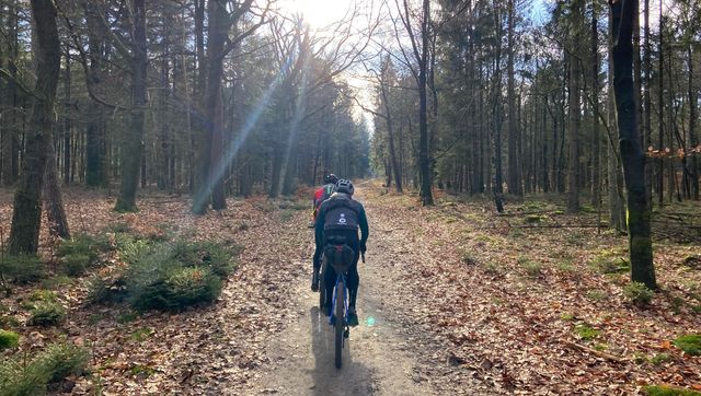 twee fietsers in het bos in drenthe die een bikepacking gravelroute in drenthe rijden