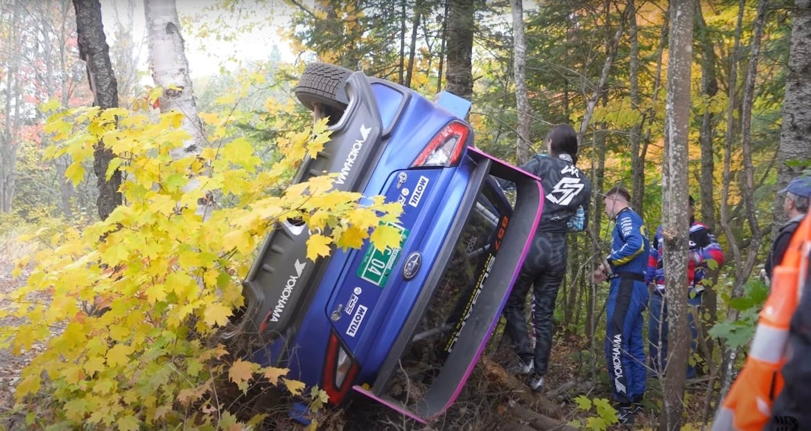 Lia Block's Subaru Rally Debut Ends Early After Getting Wedged Between Two Trees