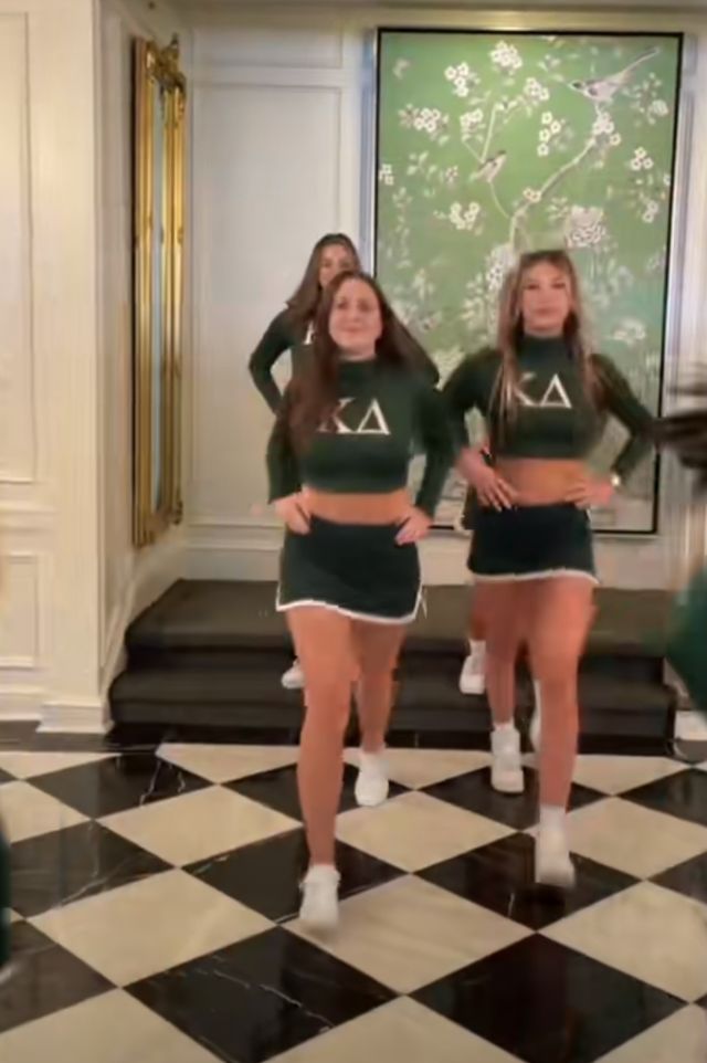 in a tiktok video posted by kappa delta sorority member zarah kelleher, schumacher’s chinois palais wallpaper, which was designed by mary mcdonald, can be seen in the background