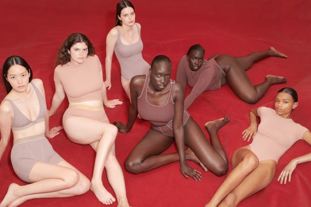 six models wear skims underwear and clothing in a review of skims products from bazaar editors