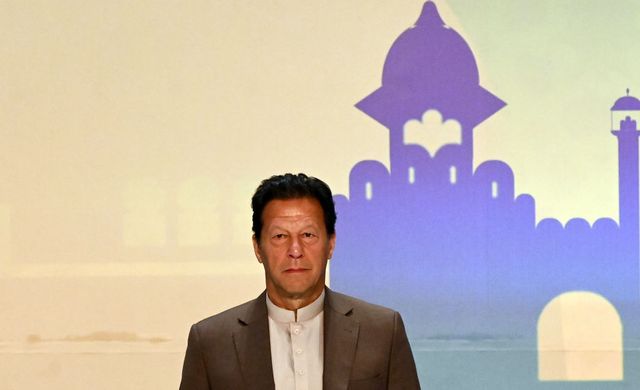 pakistans prime minister imran khan looks on during a trade and investments conference in colombo on february 24, 2021 on the second day of khans official visit to sri lanka photo by ishara s kodikara  afp photo by ishara s kodikaraafp via getty images