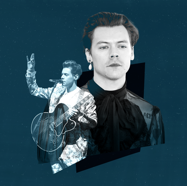 collage of harry styles in a floral suit and a sheer black high neck shirt