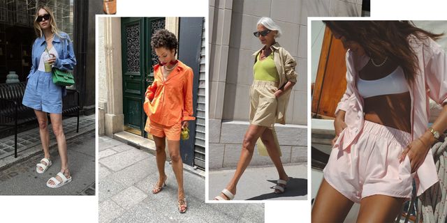 four women wear matching button downs and boxer shorts