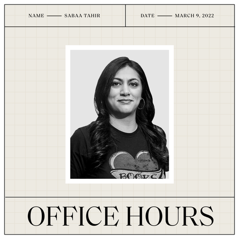 a designed photo that reads name sabaa tahir date march 9, 2022 with a black and white photo of sabaa and the words office hours below the photo