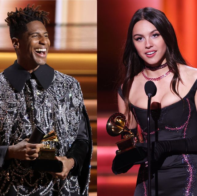 　las vegas, nevada   april 03 l r anderson paak and bruno mars of silk sonic accept the record of the year award for ‘leave the door open’ onstage during the 64th annual grammy awards at mgm grand garden arena on april 03, 2022 in las vegas, nevada photo by rich furygetty images for the recording academy
