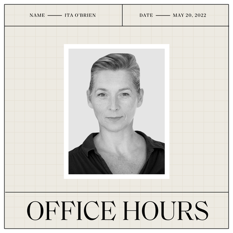 a black and white headshot of ita obrien with her name and the date above the photo and the office hours logo beneath