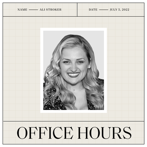 ali stroker with the office hours logo beneath her photo and her name and the date above her photo