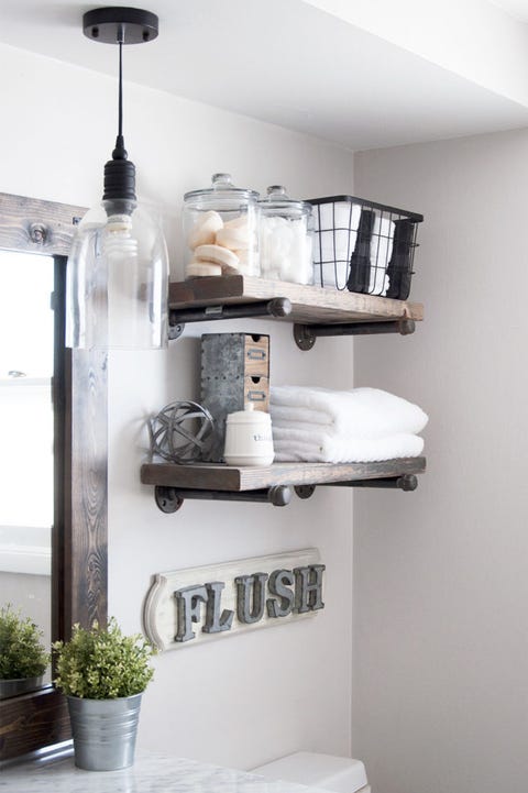 bathroom wall shelves with baskets