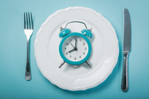 Meal time Intermittent fasting concept - empty plate on blue background