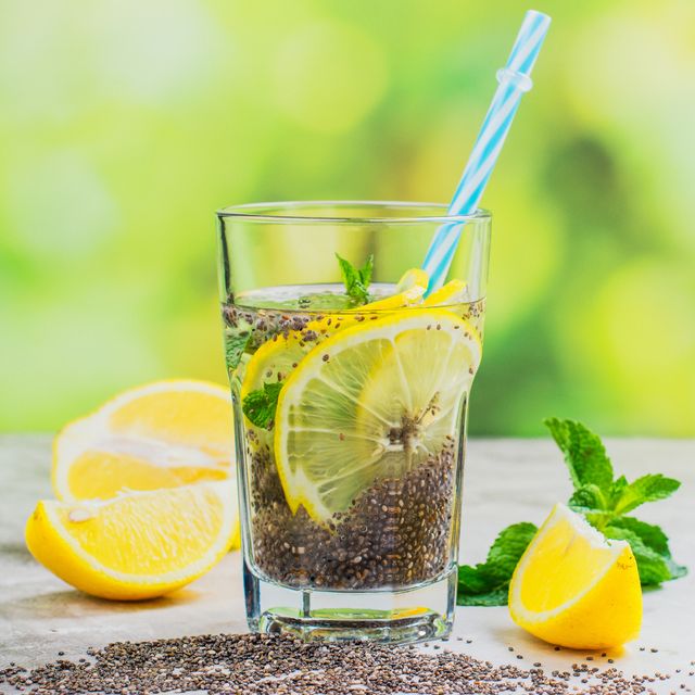 a glass of chia seed water containing lemon, all the ingredients of tiktoks viral internal shower drink
