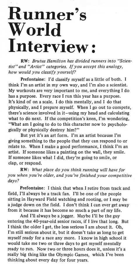 Steve Prefontaine 1972 interview in Runner's World