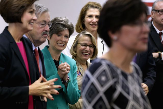 republican us senate candidate joni ernst visits with employees at the newton manufacturing company during her 'one more thing' 24 hour campaign push to election day november 3, 2014 in newton, iowa according to the polls, ernst is in a neck and neck race with her opponent, democratic candidate rep bruce braley d ia, and the election in iowa could decide which party controls the us senate