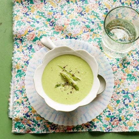 cream of asparagus soup with floral background