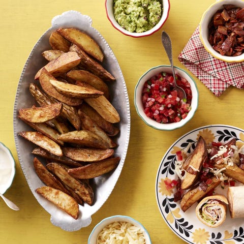 loaded wedge fries with toppings in small bowls