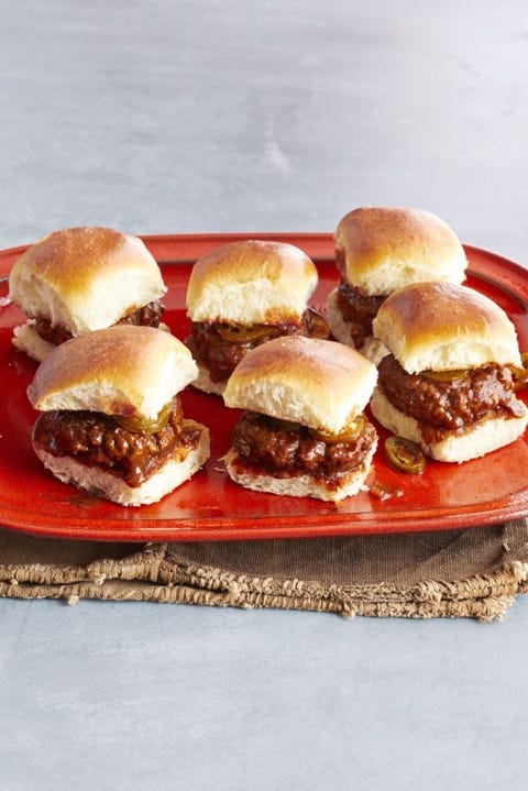 spicy whiskey bbq sliders on red platter