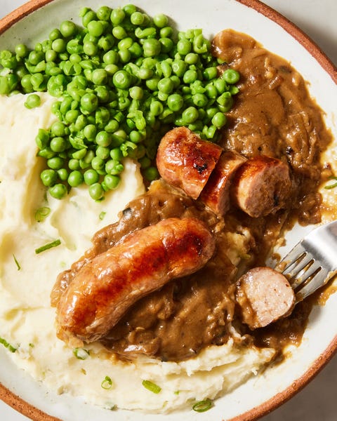 irish sausages and champ with green peas