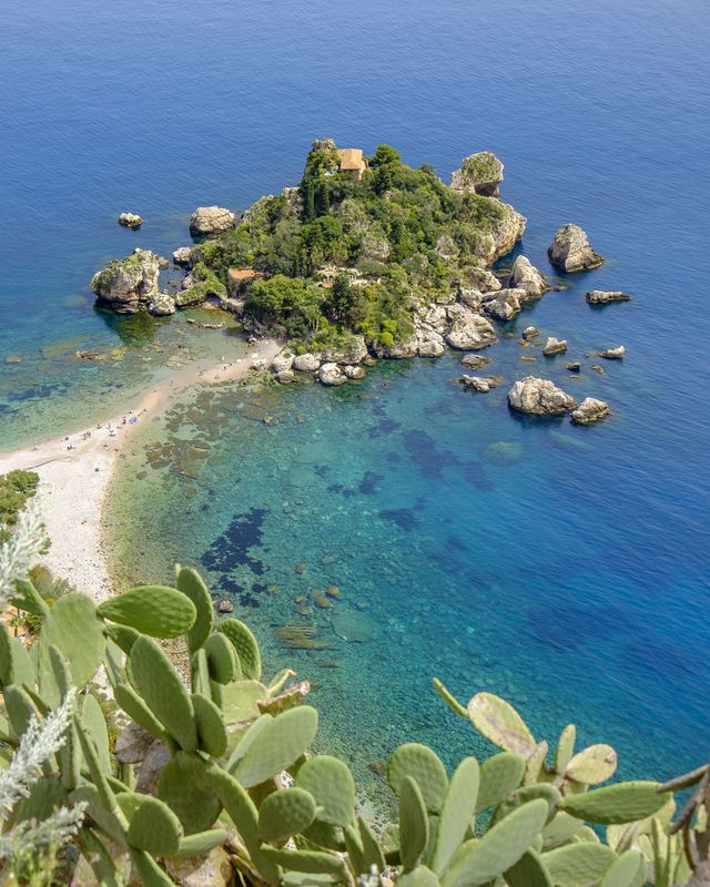 isola bella, a small island located within a small bay on the ionian sea near taormina sicily, italy