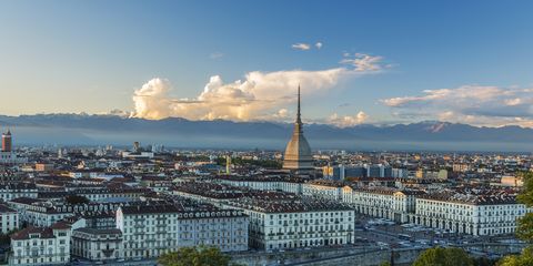 Italy, Piedmont, Turin, View at city and mountain range behind
