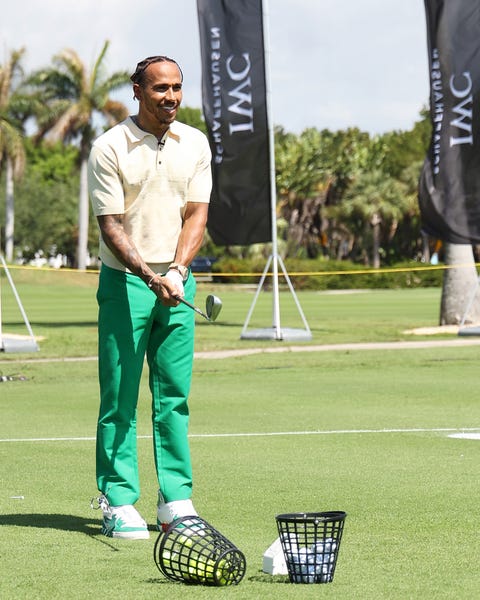 IWC Schaffhausen Golf Challenge miami beach, florida may 04 iwc brand ambassador and seven time formula one world champion lewis hamilton during the big pilot challenge, an entertaining charity golf challenge organized by iwc schaffhausen at the miami beach golf club on may 4, 2022 in miami beach, florida photo by john parragetty images for iwc schaffhausen