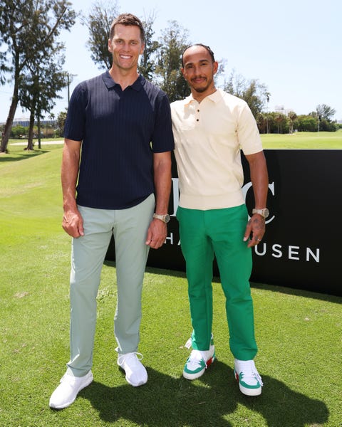IWC Schaffhausen Golf Challenge miami beach, florida may 04 iwc brand ambassador and seven time world champion quarterback tom brady and iwc brand ambassador and seven time formula one world champion lewis hamilton during the big pilot challenge, an entertaining charity golf challenge organized by iwc schaffhausen at the miami beach golf club on may 4, 2022 in miami beach, florida photo by alexander tamargogetty images for iwc schaffhausen