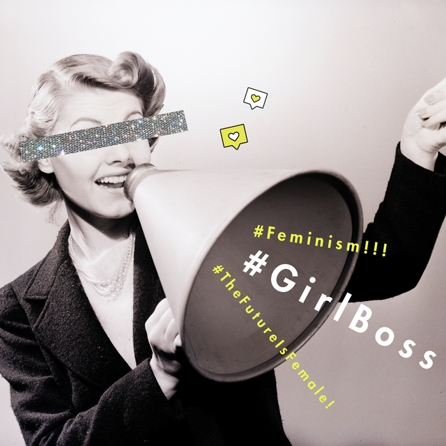 vintage woman enthusiastically smiling into a megaphone with the hashtags girlbosss, feminism, and thefutureisfemale
