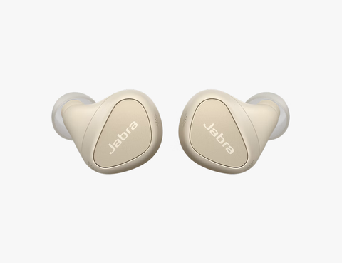 tan jabra elite 5 headphones on a white backgorund
