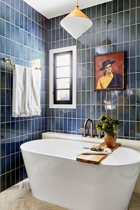 bathroom, bathtub, blue tile home of jaclyn johnson of create  cultivate interior designer ginny macdonald ginnymacdonald1666202035psd