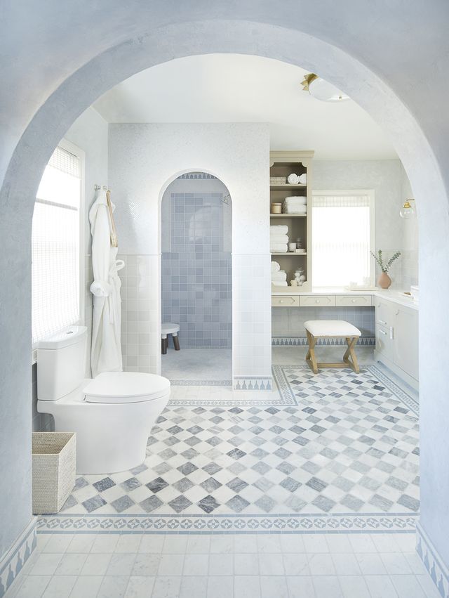 white and blue bathroom