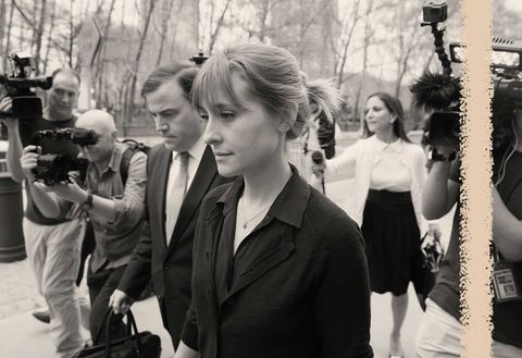 allison mack leaves a courtroom surrounded by her legal team and members of the media