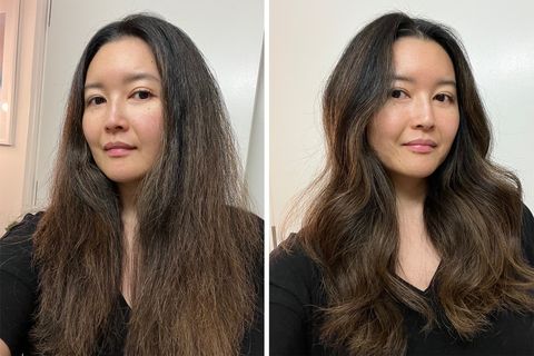 jamie ueda models the heatless hair curler in before and after photos