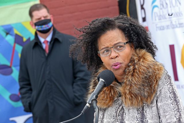 boston, ma   february 23 city council president kim janey speaks as boston mayor marty walsh listens at the topping off ceremony for the new, $125 million boston arts academy on february 23, 2021 in boston, massachusetts  staff photo by matt stonemedianews groupboston herald