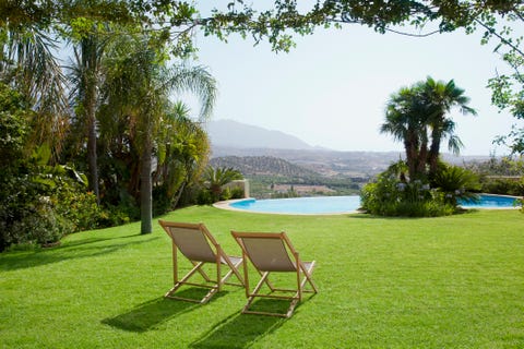 Property, Nature, Natural landscape, Green, Lawn, Grass, Furniture, Real estate, Tree, House, 
