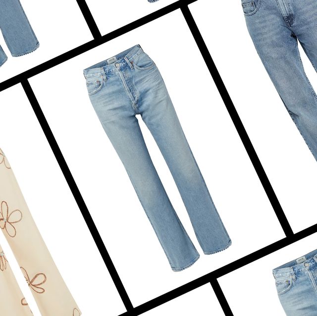 flat lay images of four pairs of jeans on a grid in a roundup of the best everyday jeans to shop 2021