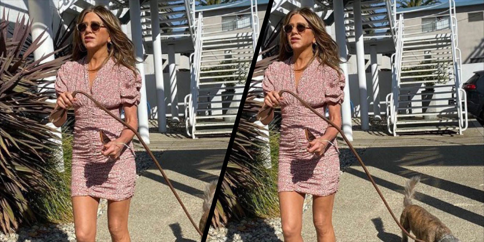 Jennifer Aniston Nude Beach Walk - Jennifer Aniston stepped out of her style comfort zone in a ruched floral  dress