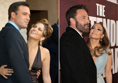 Jennifer Lopez, wearing a Greek goddess dress, and Ben Affleck give each other a loving look like 18 years ago, when the 'Bennifer' couple premiered 'Gigli'
