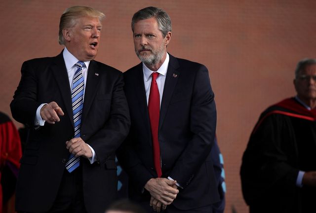 lynchburg, va   may 13  us president donald trump l and jerry falwell r, president of liberty university, on stage during a commencement at liberty university may 13, 2017 in lynchburg, virginia president trump is the first sitting president to speak at libertyÕs commencement since george hw bush spoke in 1990  photo by alex wonggetty images