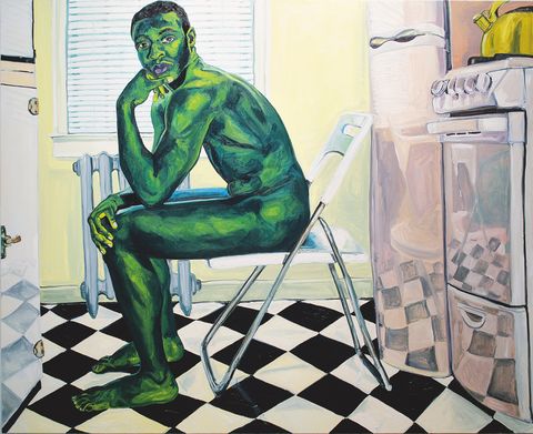a painting by jordan casteel shows a male figure, tinged in green, sitting in a kitchen