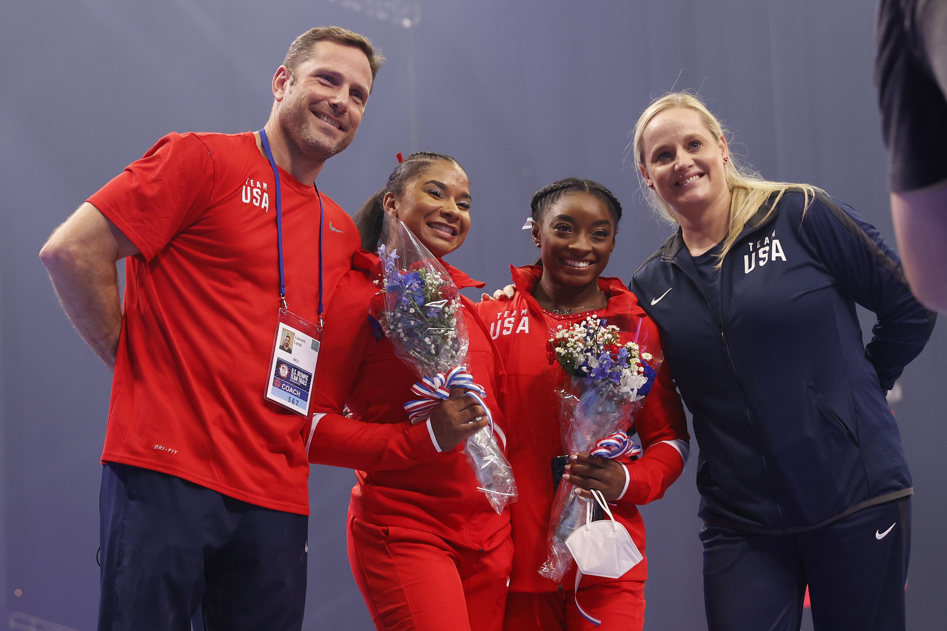 jordan chiles and simone biles pose with coaches laurent news photo 1626814729