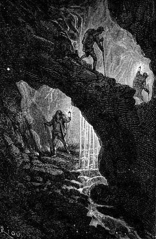 Ilustración de Édouard Riou para la primera edición (1864) de Viaje al centro de la Tierra de Jules Verne.