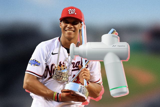 a collage featuring baseball player juan soto and a hyperice hypervolt go 2