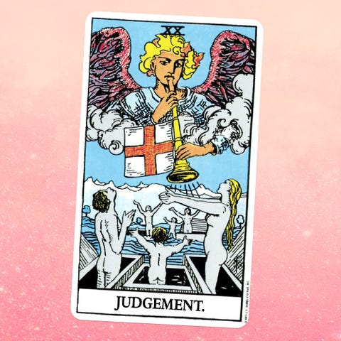 the judgment card for the tarot, showing an angel blowing a trumpet and naked people emerging from their graves