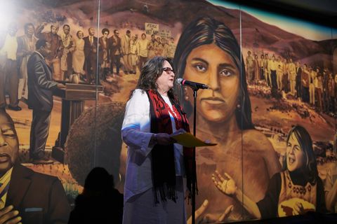 judith baca, ucla professor emeritus of chicana and chicano and central american studies and a professor of world arts and cultures, at the unveiling of her mural la memoria de la tierra ucla