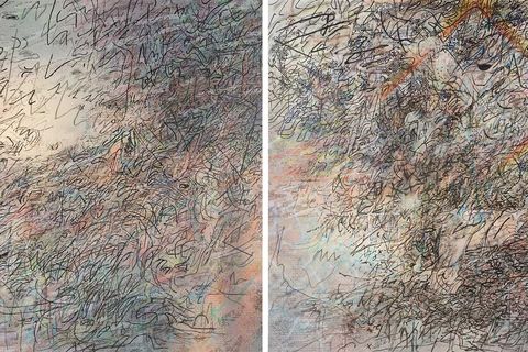 julie mehretu's howl, eon i, ii is a diptych made between 2016 and 17 and commissioned by the San Francisco Museum of Modern Art as a gift from Helen and Charles Schwab