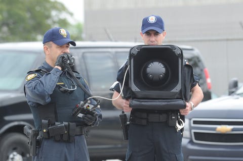 June 3, 2010 Police demonstrate the Long Range Acoustic Device (LRAD). Insp. Gary Meissner, left, an june 3, 2010 police demonstrate the long range acoustic device lrad insp gary meissner, left, an