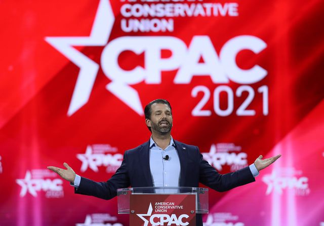 orlando, florida   february 26 don trump, jr addresses the conservative political action conference being held in the hyatt regency on february 26, 2021 in orlando, florida begun in 1974, cpac brings together conservative organizations, activists, and world leaders to discuss issues important to them photo by joe raedlegetty images